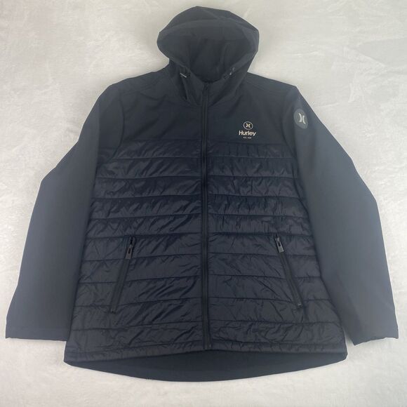 Hurley Other - Hurley Jacket Mens Extra Large Black Hooded Softshell Quilted Puffer Windbreaker